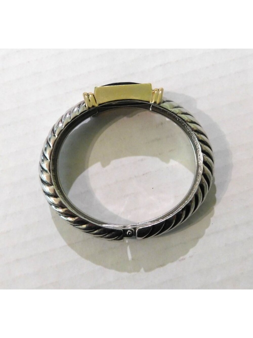 Two-Tone Hinged Bangle Bracelet Silver Gold Accents Black Faceted Stone - Picture 2 of 8